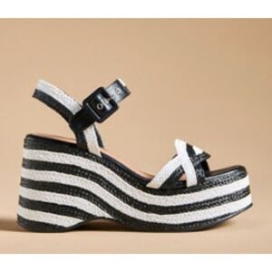 Anthropologie Vicenza Black White Striped Platform Ankle Strap Sandal New